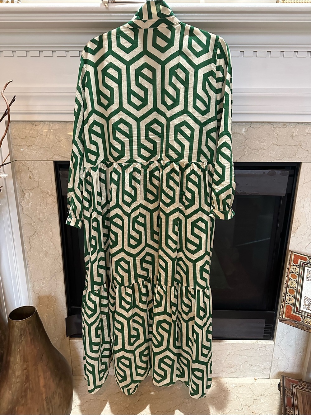 Zara Green and White Geometric Tiered Maxi Skirt